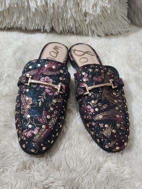Sam Edelman Marilyn Navy & Pink Embroidered Floral Slip-On Mules